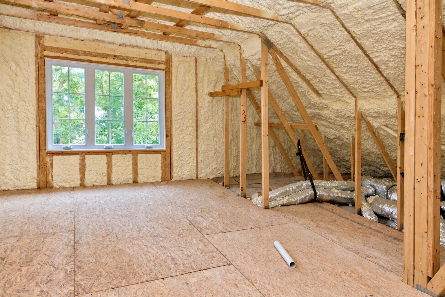 Attic framing and sloped walls coated with cream spray foam insulation, with a window and ducts along the floor.