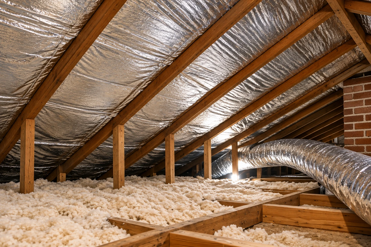 Attic air sealing with reflective foil beneath the rafters and loose-fill insulation covering the attic floor beside a large duct.