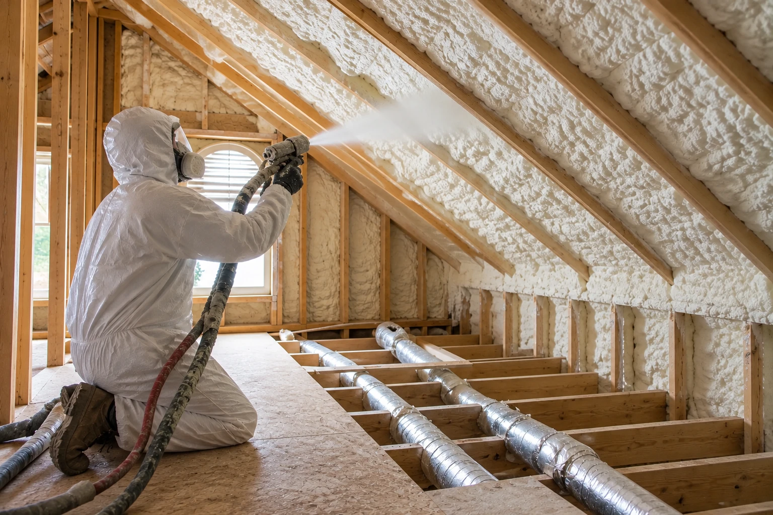 A worker in protective coveralls sprays foam onto sloped attic rafters beside exposed floor joists and ducts.
