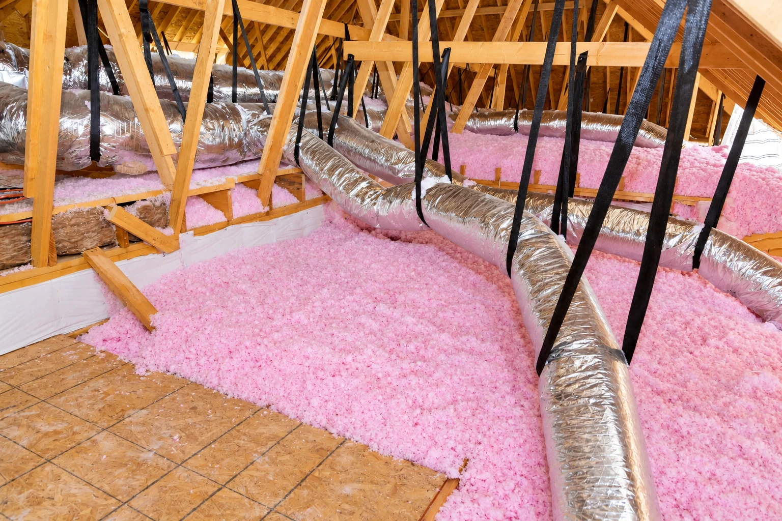 Pink loose-fill insulation covers an attic floor beneath wooden roof trusses and silver flexible ducts.