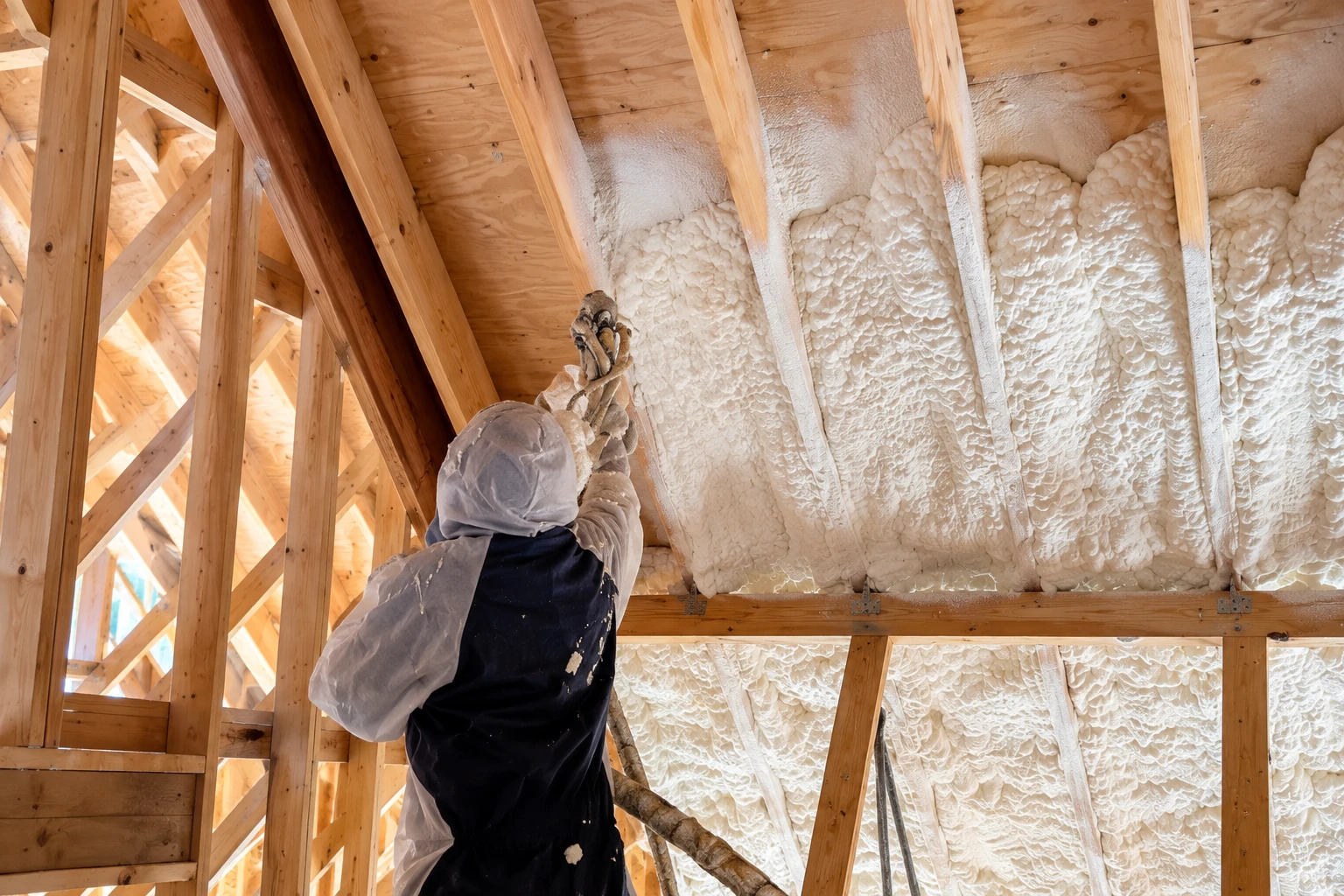 A worker in protective clothing sprays foam insulation between exposed attic rafters.