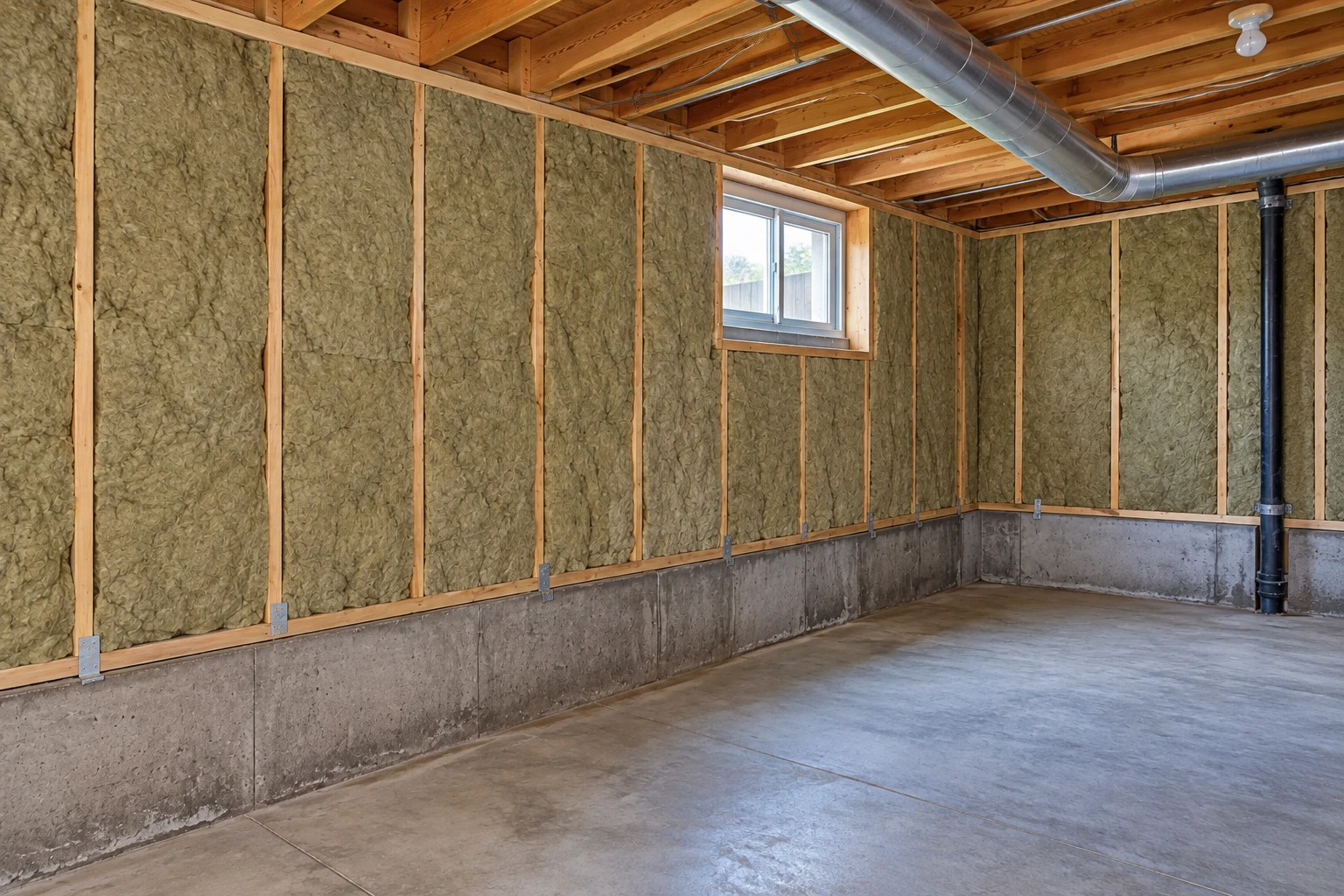 Basement walls fitted with insulation between wooden studs above a concrete foundation, with exposed ceiling joists and ductwork.