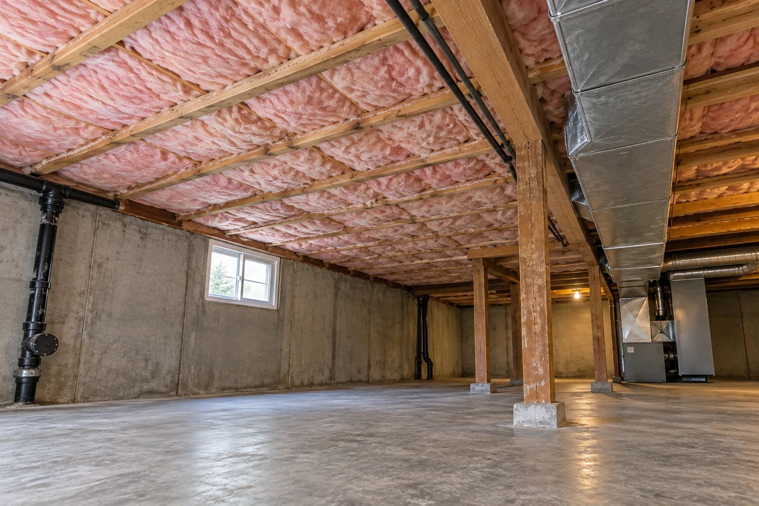 Pink insulation batts fill the ceiling joists of an unfinished basement with exposed concrete walls and ductwork.