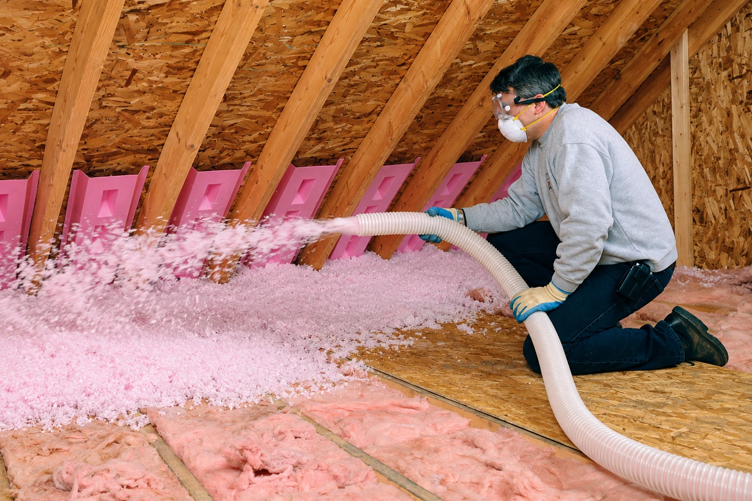 A masked worker blows pink loose-fill insulation through a hose into an attic beneath the roof rafters.