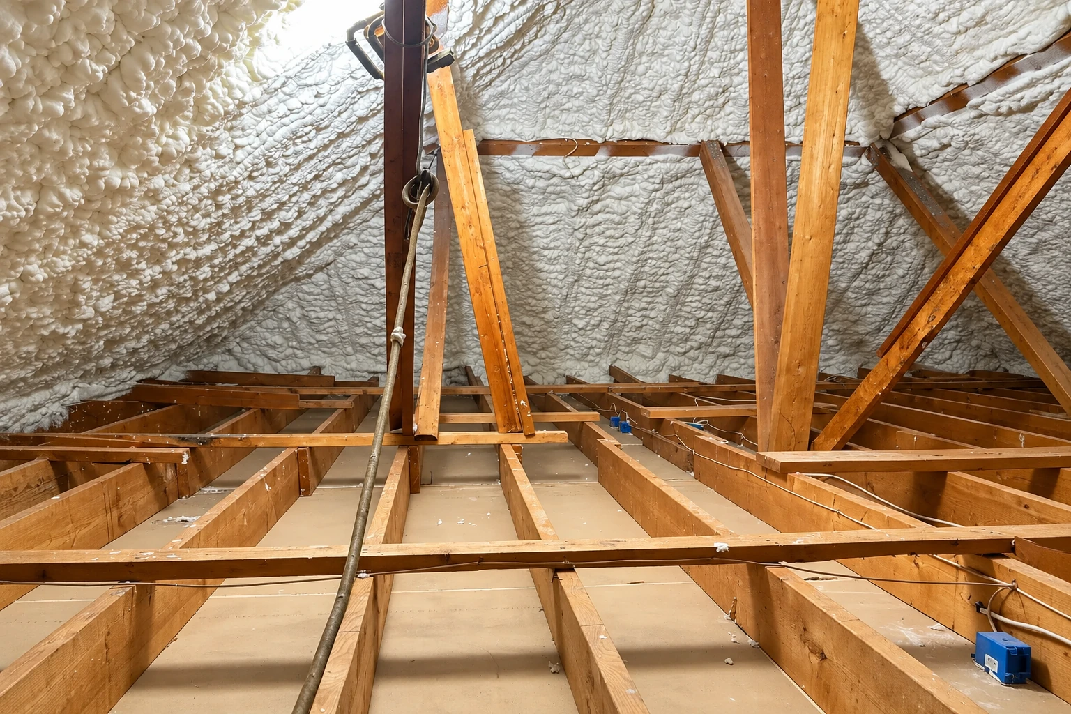 Exposed attic framing with thick white spray foam coating the sloped roof and ceiling.