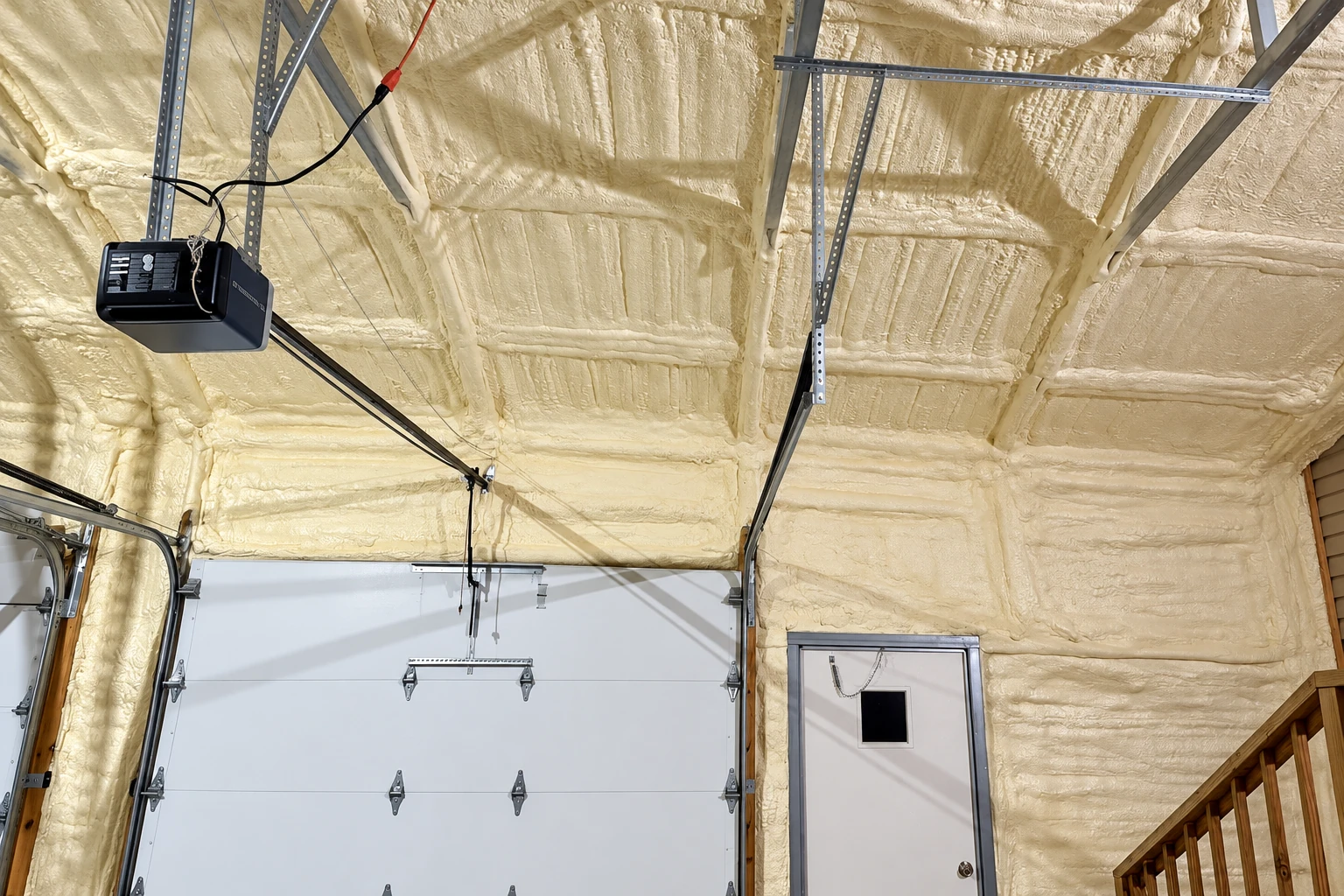Spray foam insulation covers the ceiling and walls of a garage around the overhead door tracks and a side door.