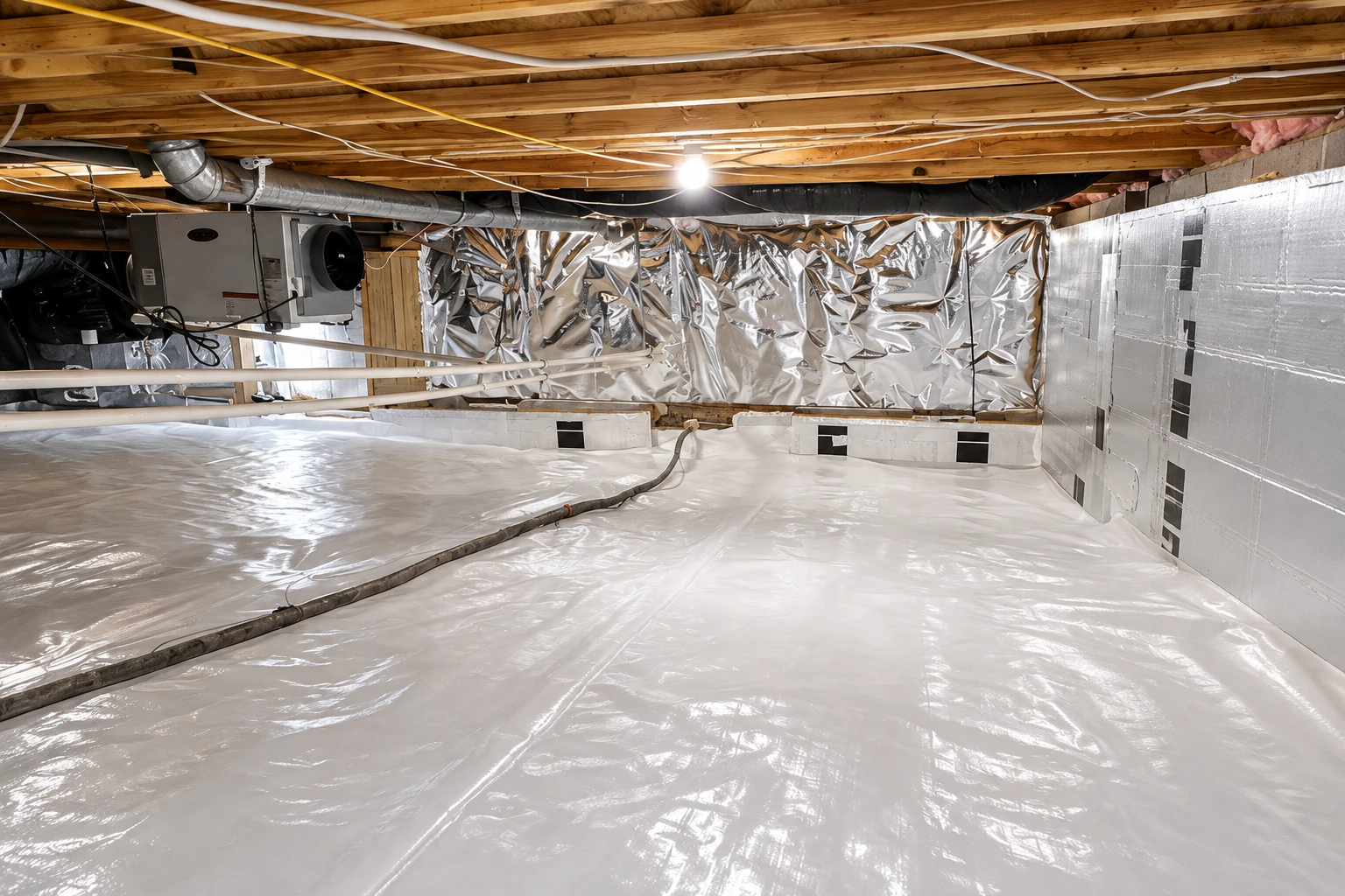 Crawl space with a white floor vapor barrier, reflective wall insulation, exposed joists, and HVAC equipment.