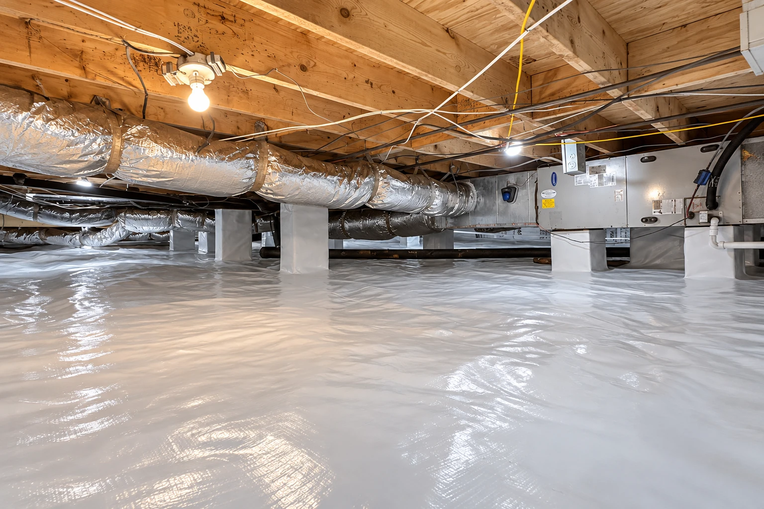 Crawl space with a white vapor barrier covering the floor, insulated HVAC ducts, and exposed wooden joists.