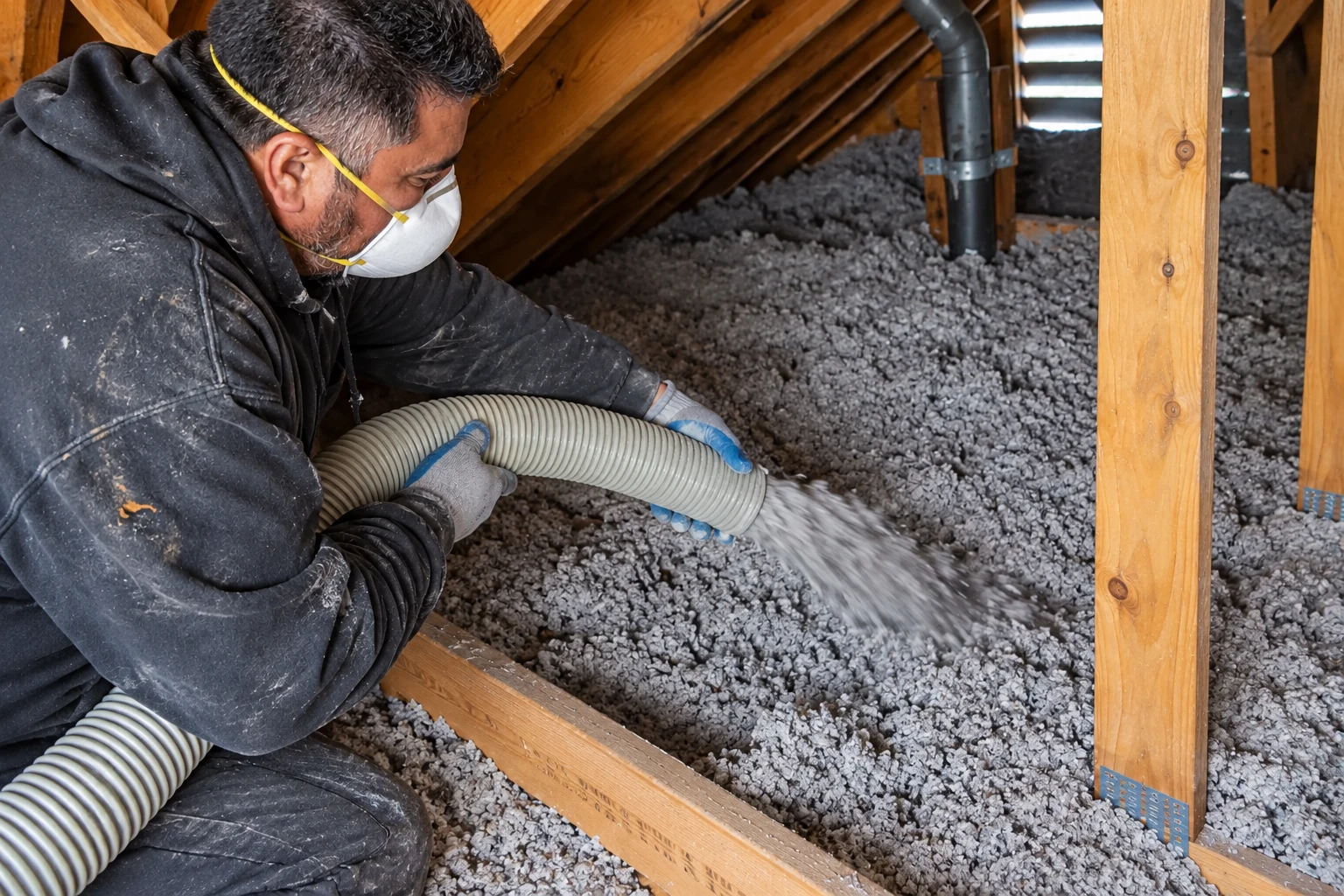 A worker spreads gray loose-fill insulation across an attic floor with a flexible hose.