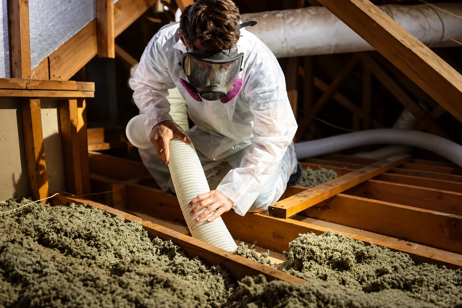 A worker in protective coveralls vacuums gray loose-fill insulation from an attic floor through a wide hose.