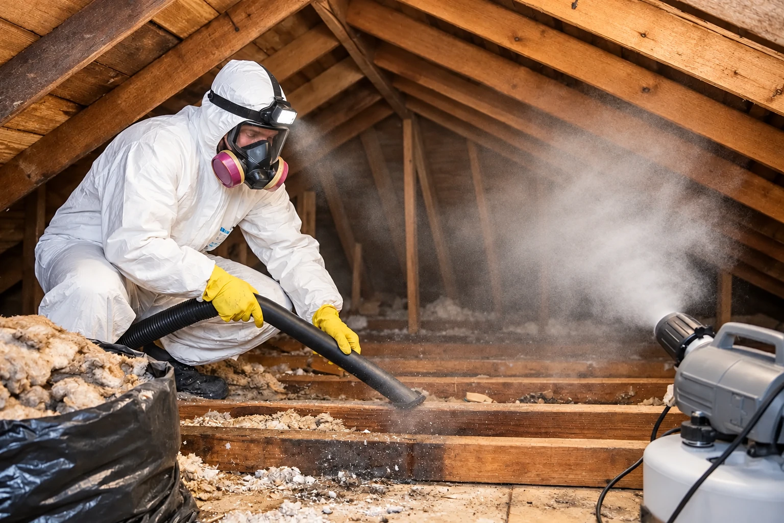 A worker in protective coveralls vacuums loose attic insulation through a hose amid airborne dust.