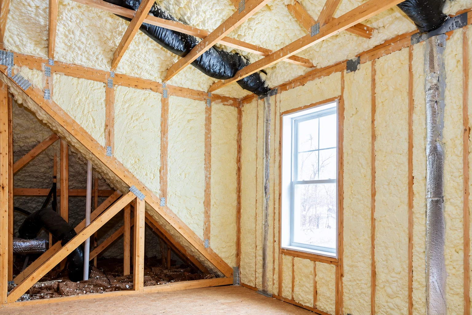 Open-cell foam insulation fills the wall and roof framing of an unfinished room with a window and exposed ducts.