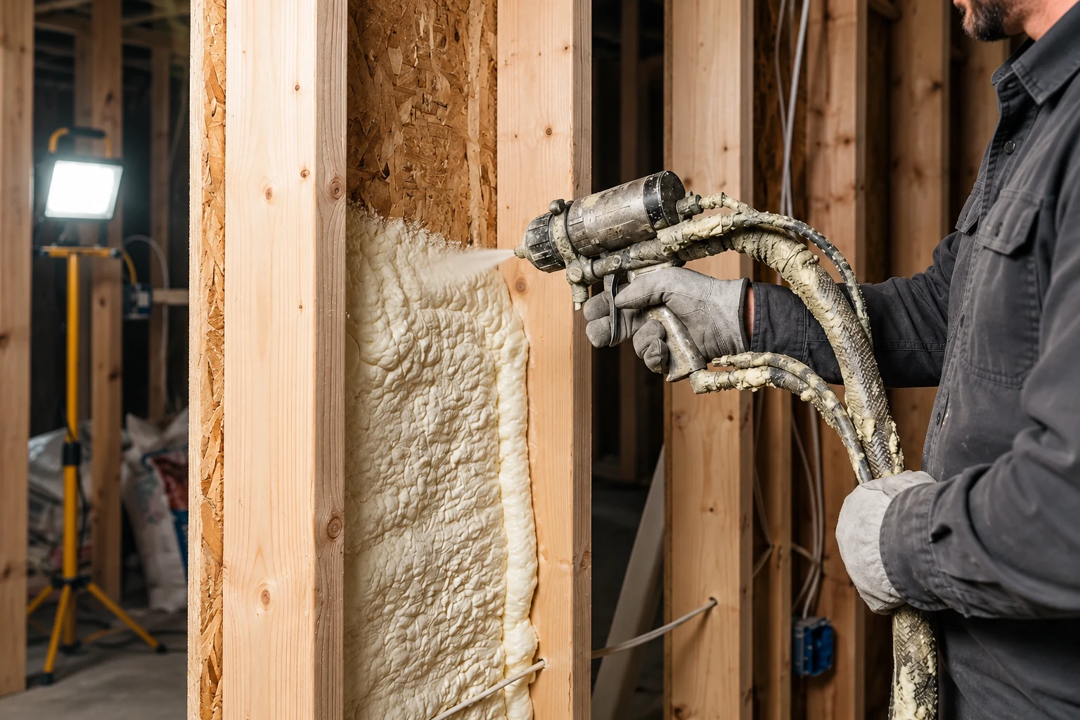 A worker sprays expanding foam insulation into a wooden wall cavity with a foam gun.