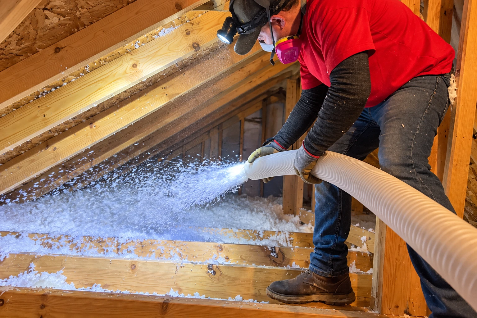 A worker in a red shirt and respirator blows loose white insulation into an unfinished attic through a large hose.