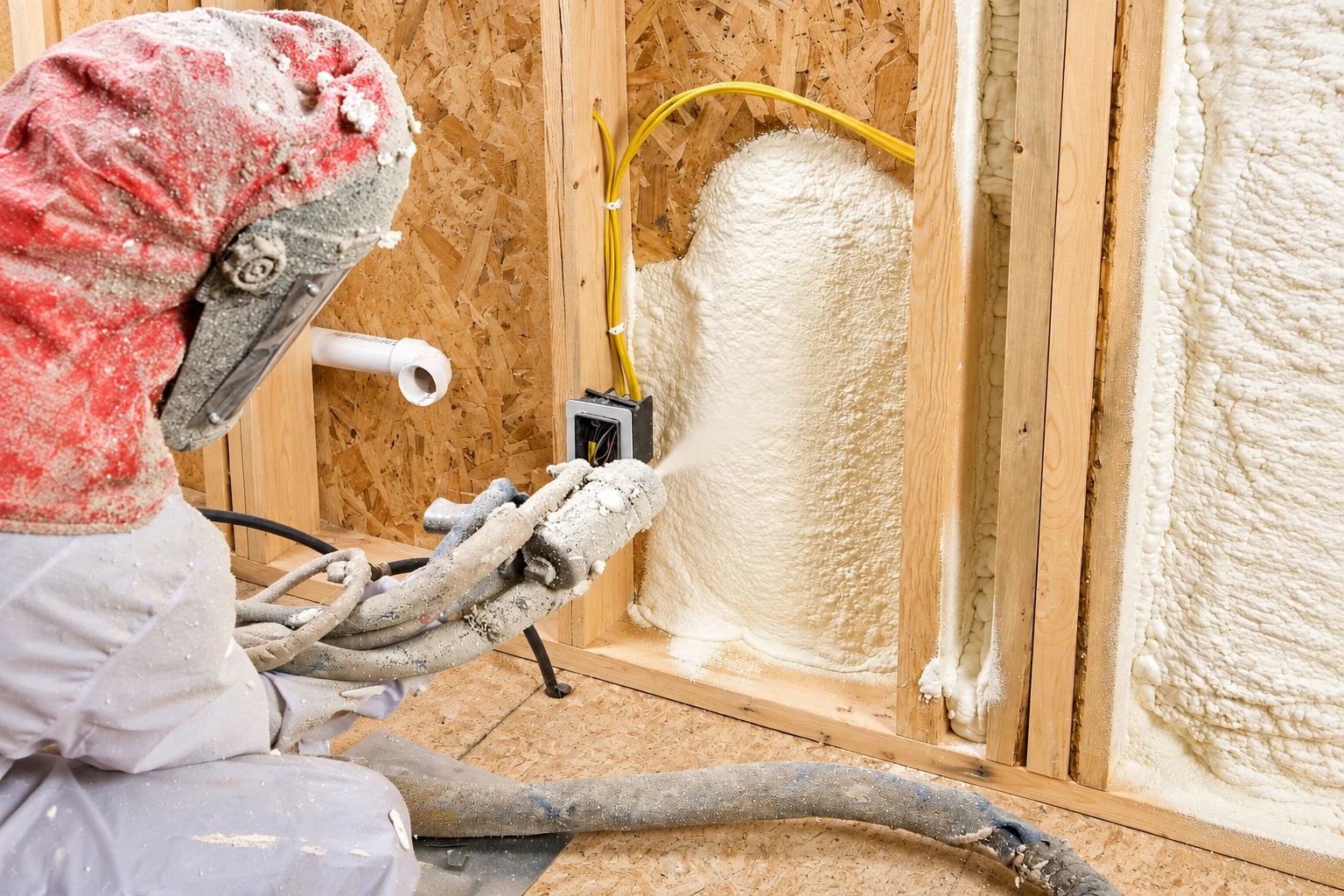 A worker in protective gear sprays white foam insulation into a wall cavity between wooden studs.