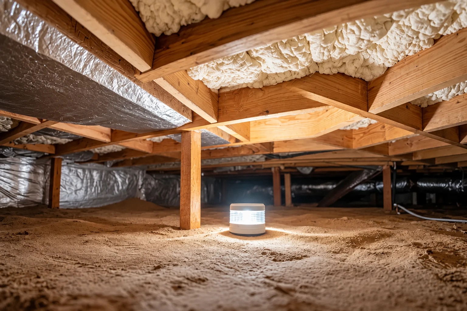 A crawl space shows exposed wood joists, foam insulation overhead, and reflective barrier material along the side walls.