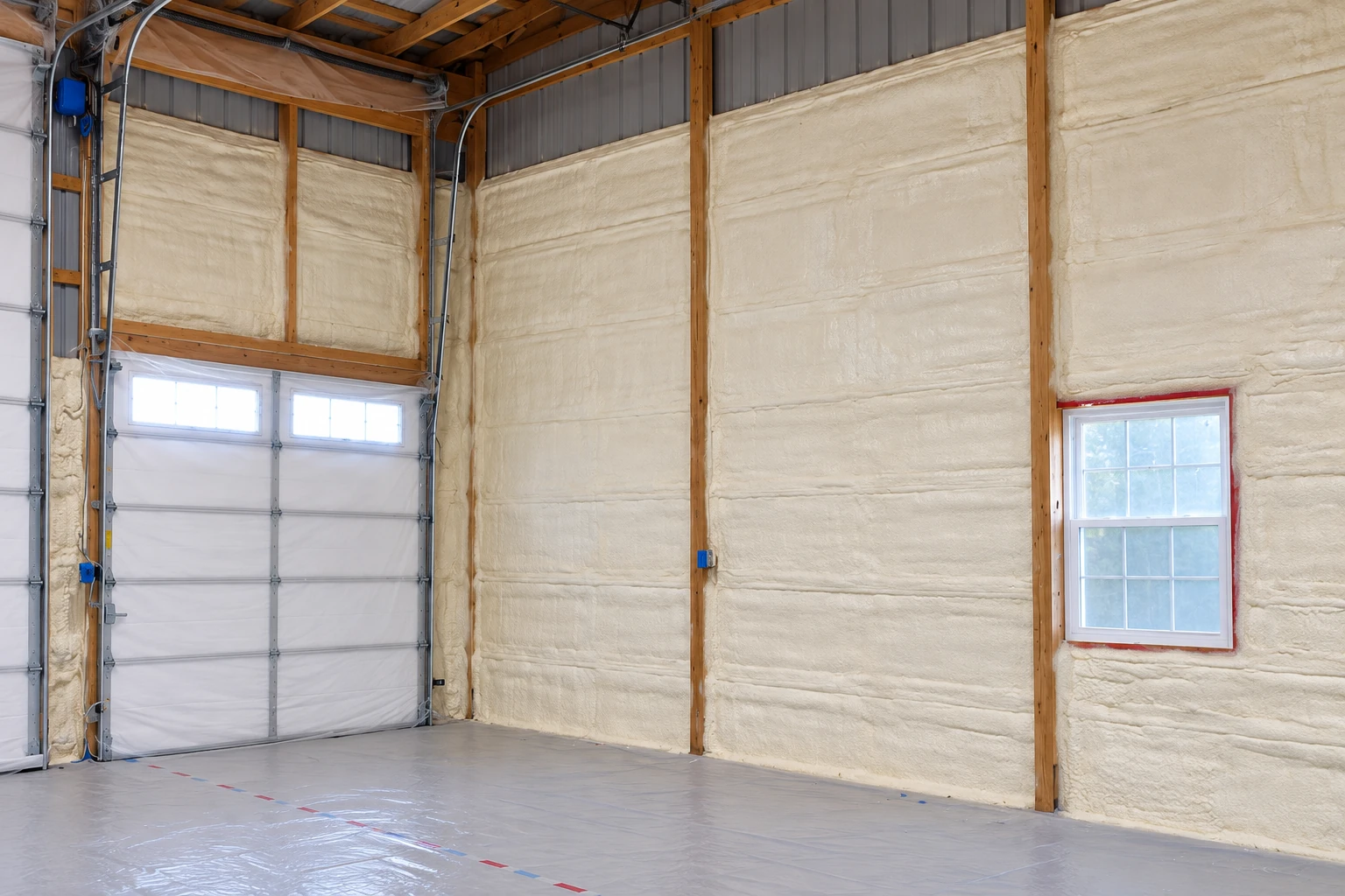 Garage walls lined with cream spray foam insulation between exposed wooden studs, with windows and a closed overhead door.